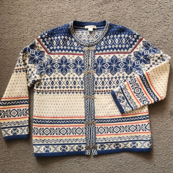 Susan Bristol Sweaters - SUSAN BRISTOL Women's Large Blue Cardigan 100% Wool Nordic Fair Isle Vintage